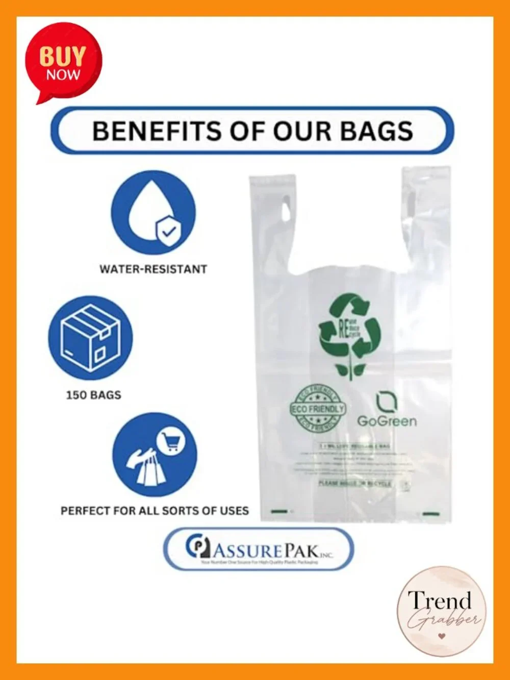 Eco Friendly Thick Reusable T-Shirt Bags - 150 Count - 3.0 Mil - 11.5x6.5x21